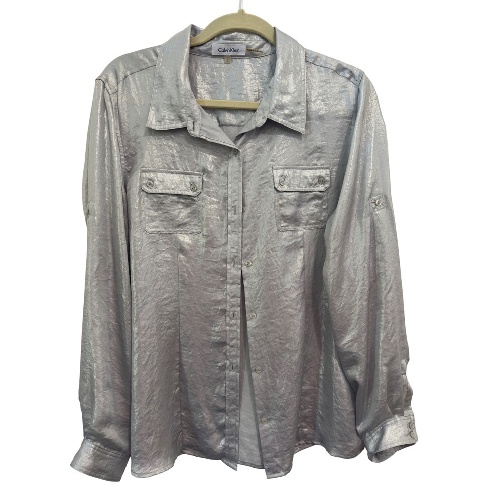 Calvin Klein Metallic Silver Blouse Shimmer Party Evening Office Siren Size L